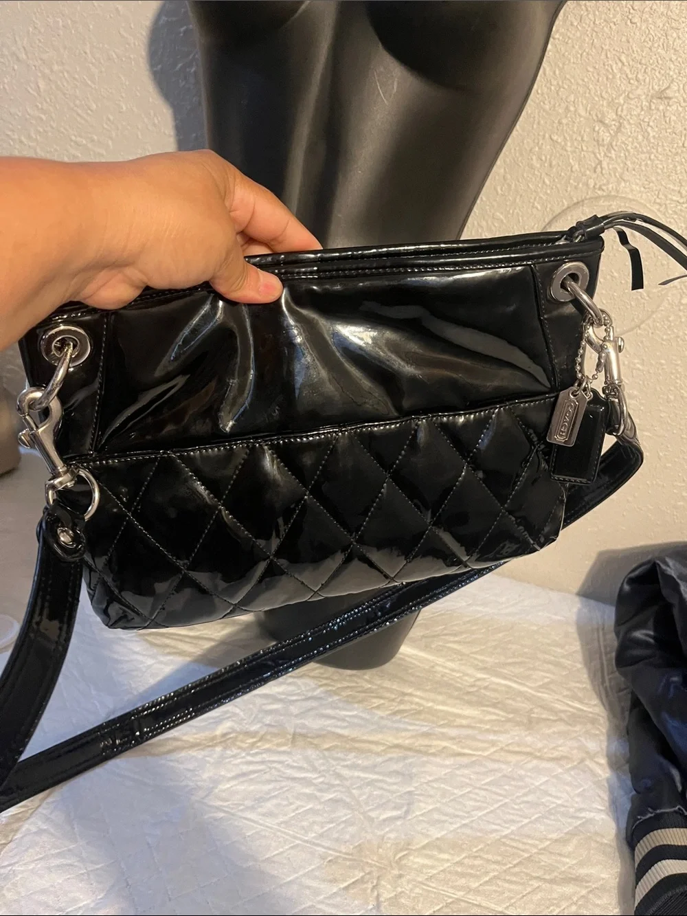 Coach Black Patent Quilted Crossbody with Dual Front Pockets